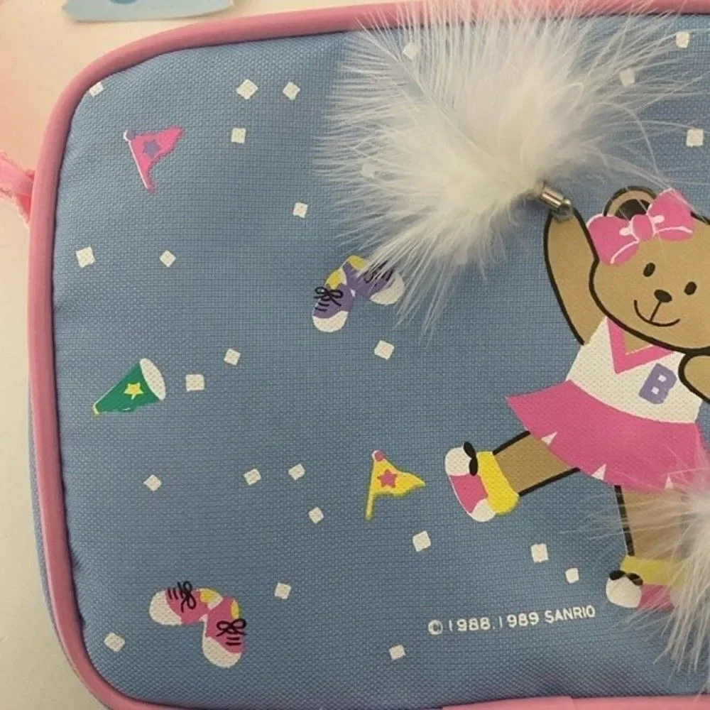 Vintage 1989 Sanrio Cheerleader Teddy Bear Mini Purse Feather Pom Pom Blue NWT